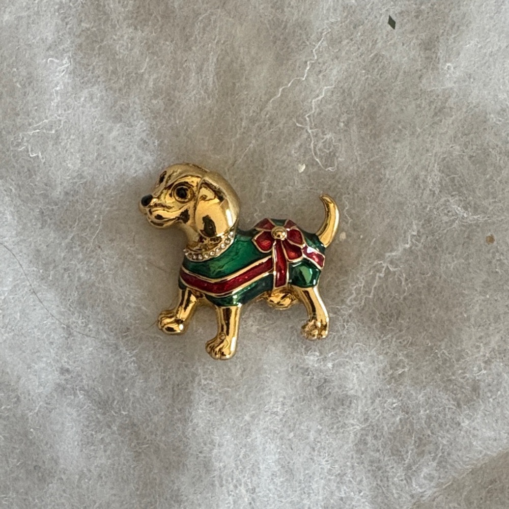 Talbots Festive Gold Dog Brooch with Green and Red Accents